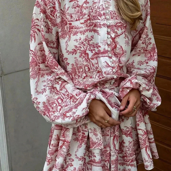 Red Boho Women's Elegant Random Print Long Sleeve Tie-Waist Loose Fit Midi Dress - Picture 3 of 7